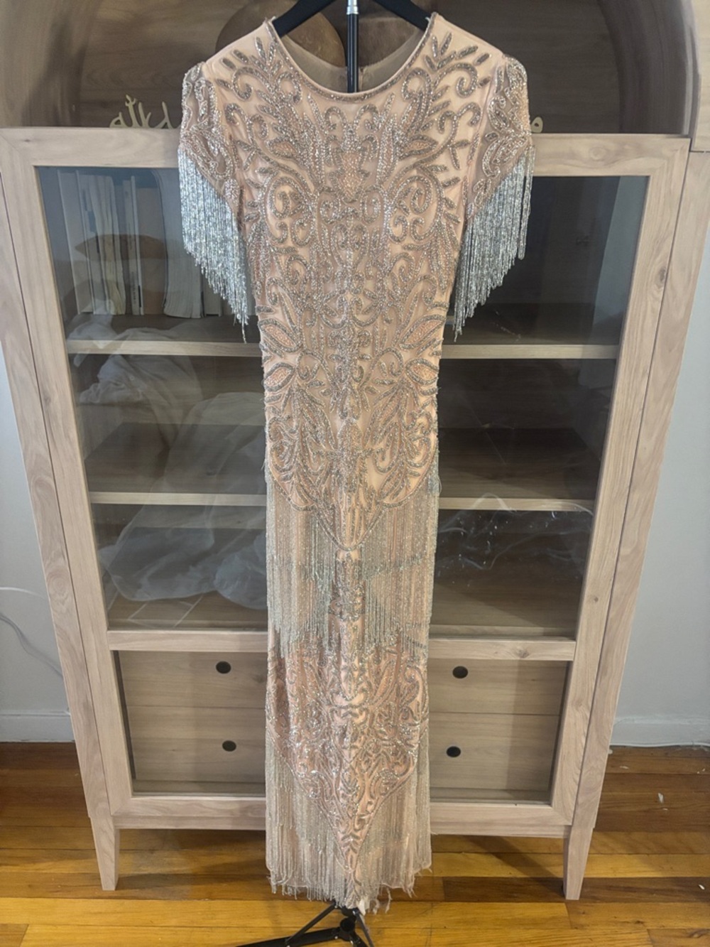 Beaded Fringe Evening Gown in Blush